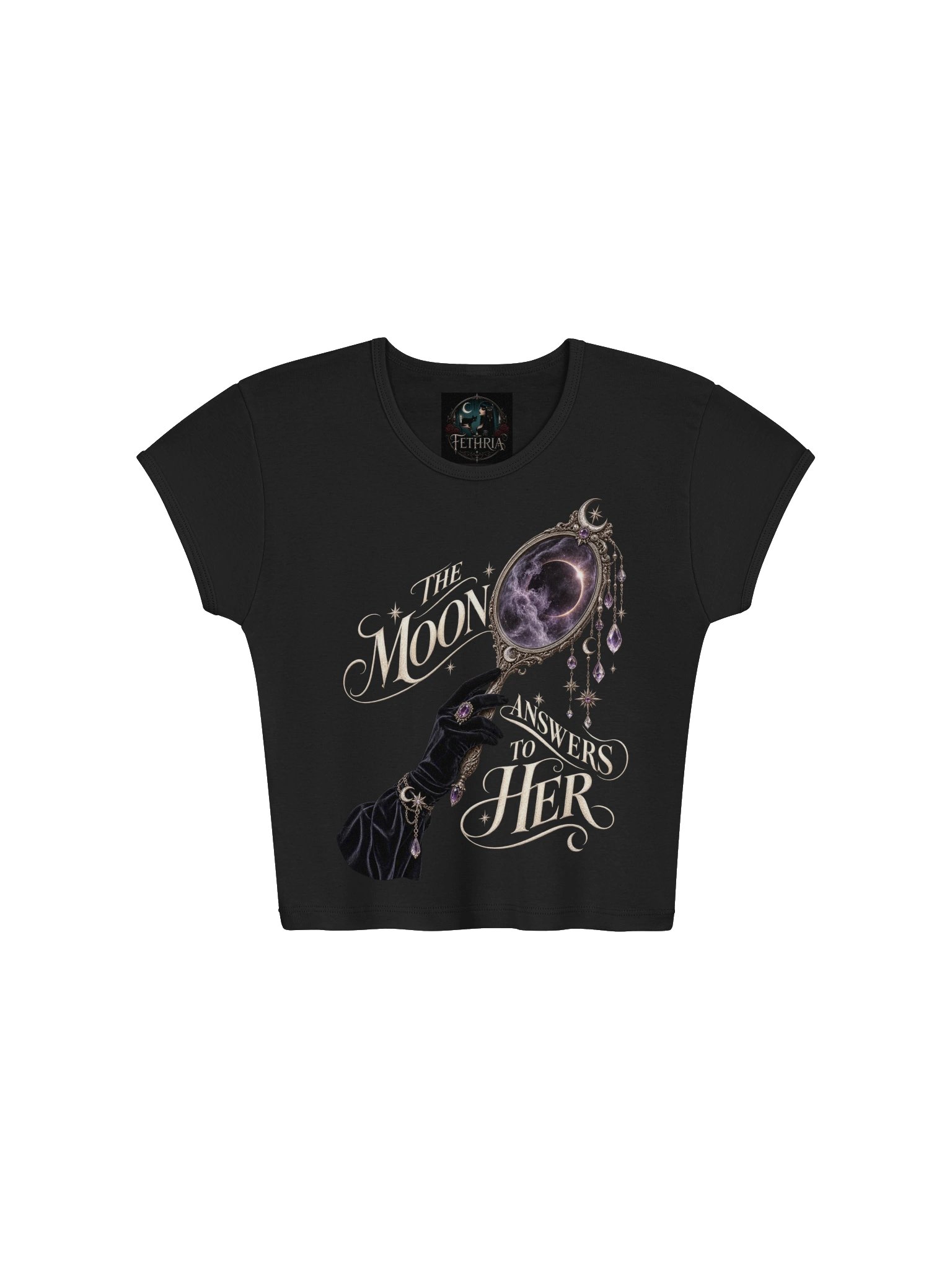 The Moon Answers to Her — Dark Feminine Celestial Cropped Baby Tee | Fethria product image (5)