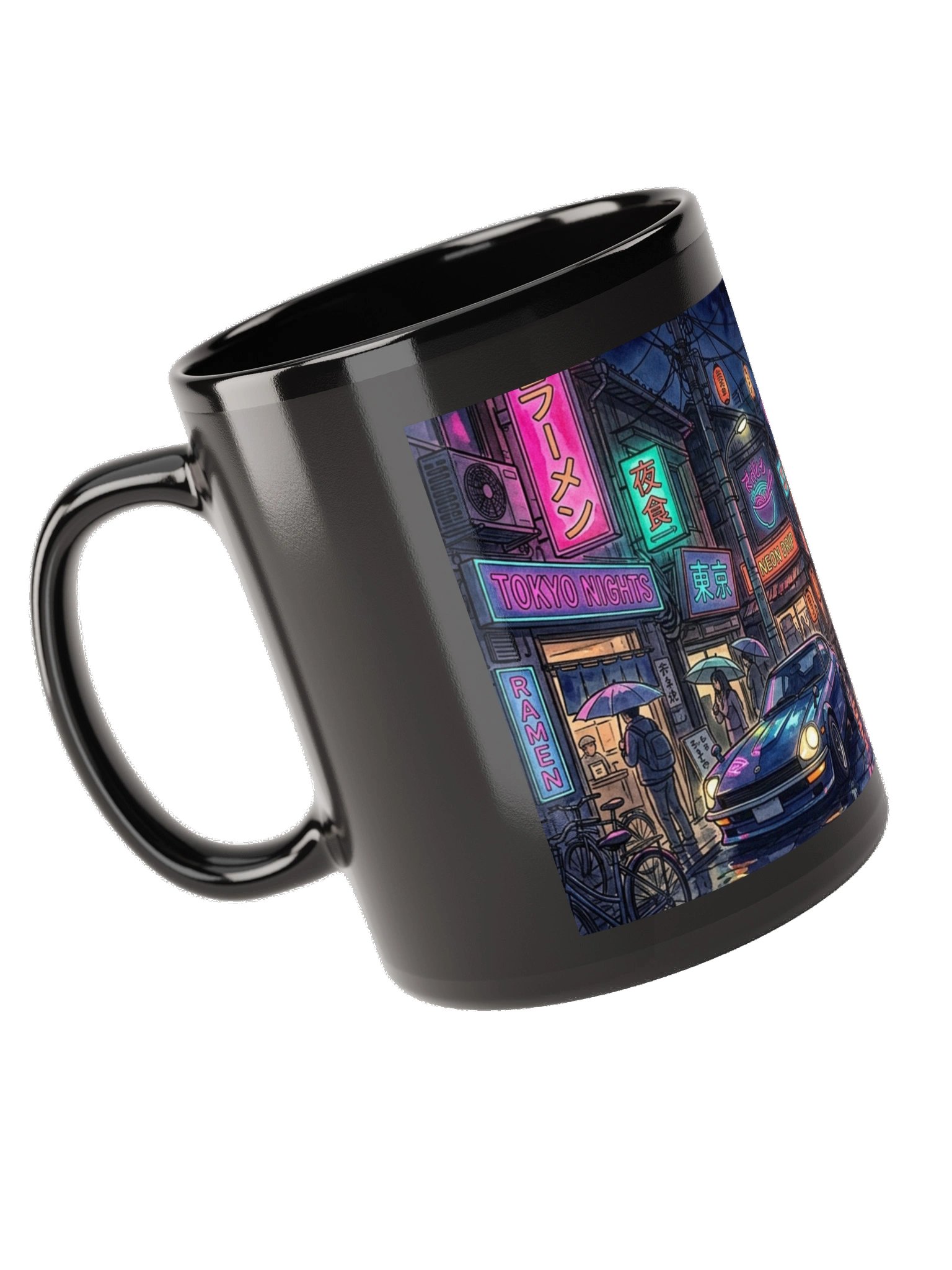 Tokyo Neon Night Retro Cyberpunk Black Glossy Mug product image (10)
