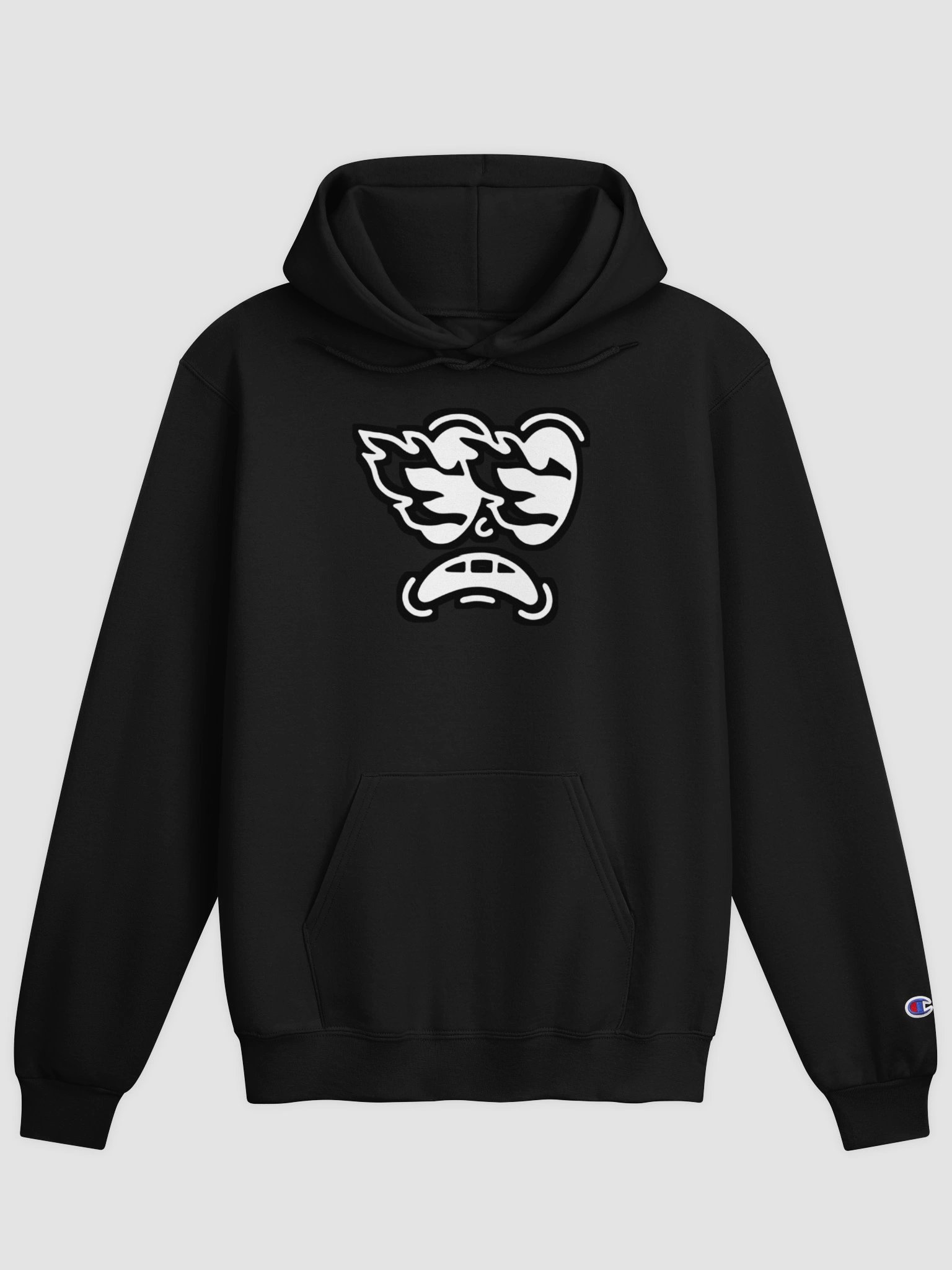 Stank Face x Champion hoodie in black, front view, the Stank Face mark on the chest