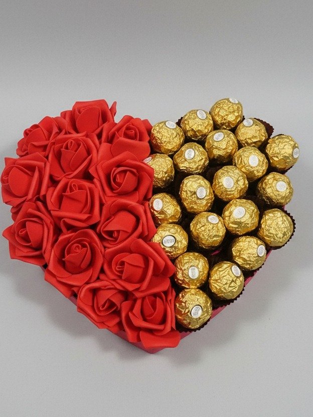 Romantic Chocolate Heart Box for Her – Red Roses & Ferrero Rocher Chocolates product image (1)