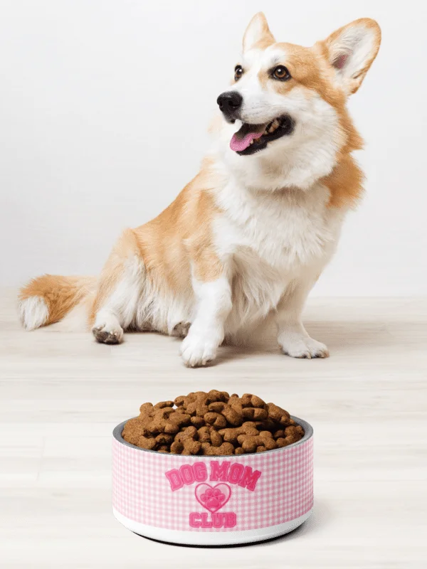 Dog Mom Club Dog Bowl | Pink Gingham Paw Heart Pet Bowl product image (1)