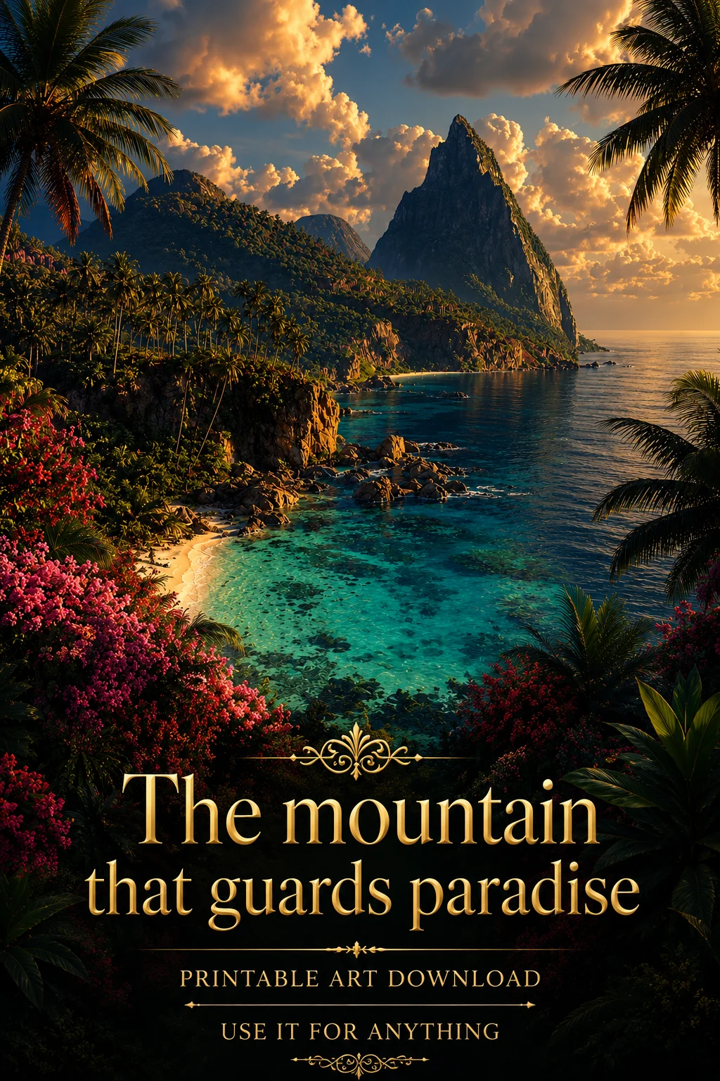 The Mountain That Guards Paradise Fantasy Tropical Beach Printable Digital Download product image (1)