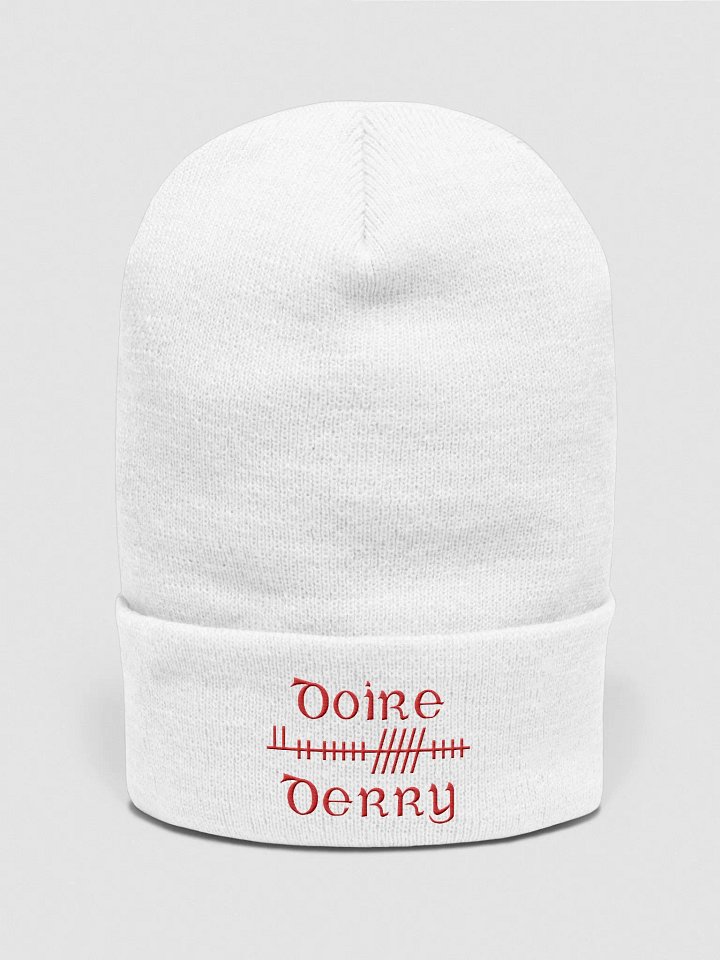 Derry/Doire, Orthodox style Ogham, white with red, embroidered Cuffed Beanie product image (1)