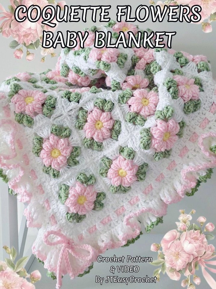 Crochet Pattern & VIDEO, Coquette Flowers Baby Blanket, Floral Granny Squares Throw product image (1)