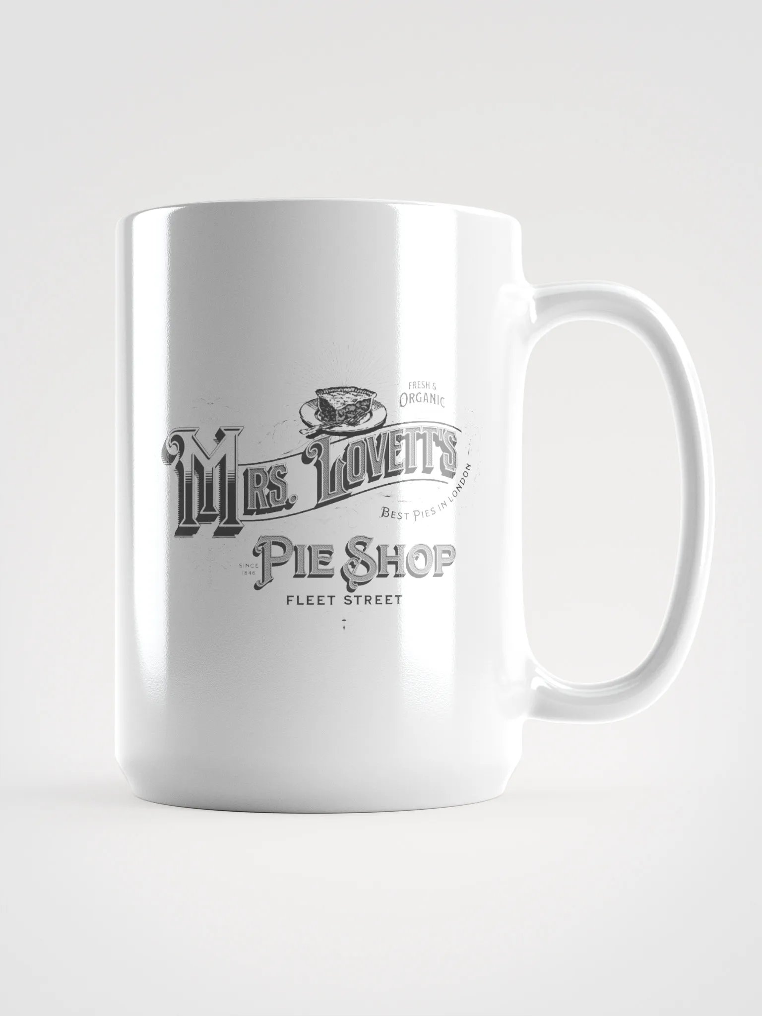 Mrs. Lovett’s Pie Shop Mug – White Glossy Ceramic Cup for Musical Theater Lovers product image (1)