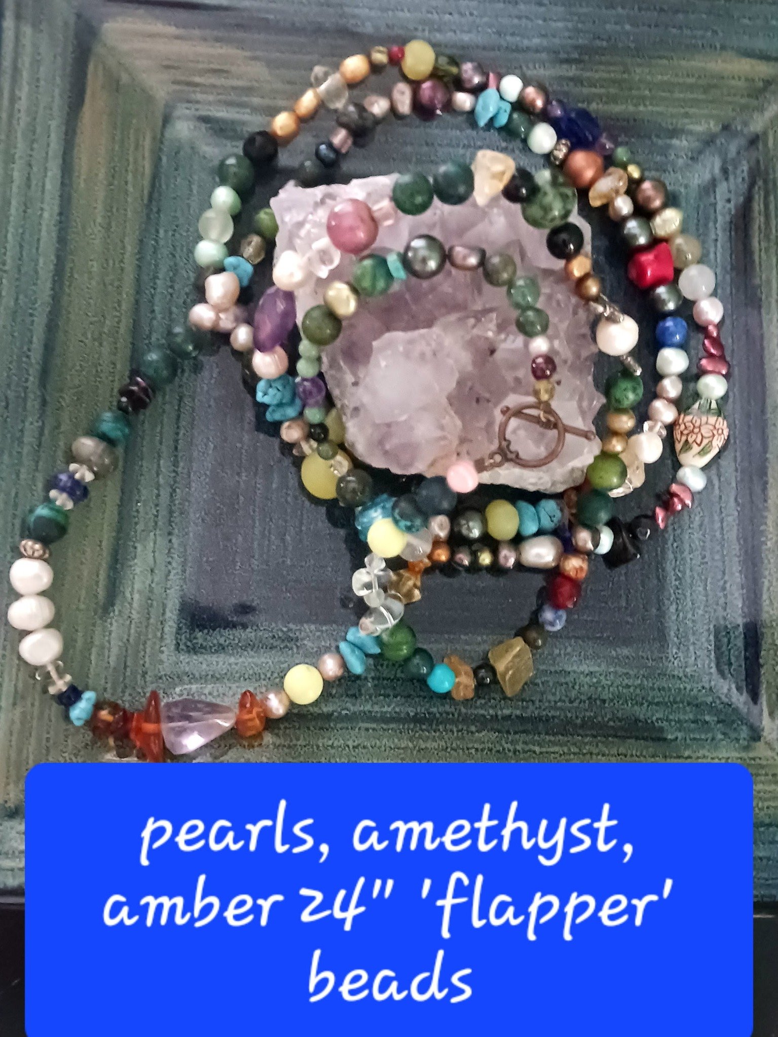 Handmade flapper necklace, 24 inch pearl amethyst amber strand product image (1)