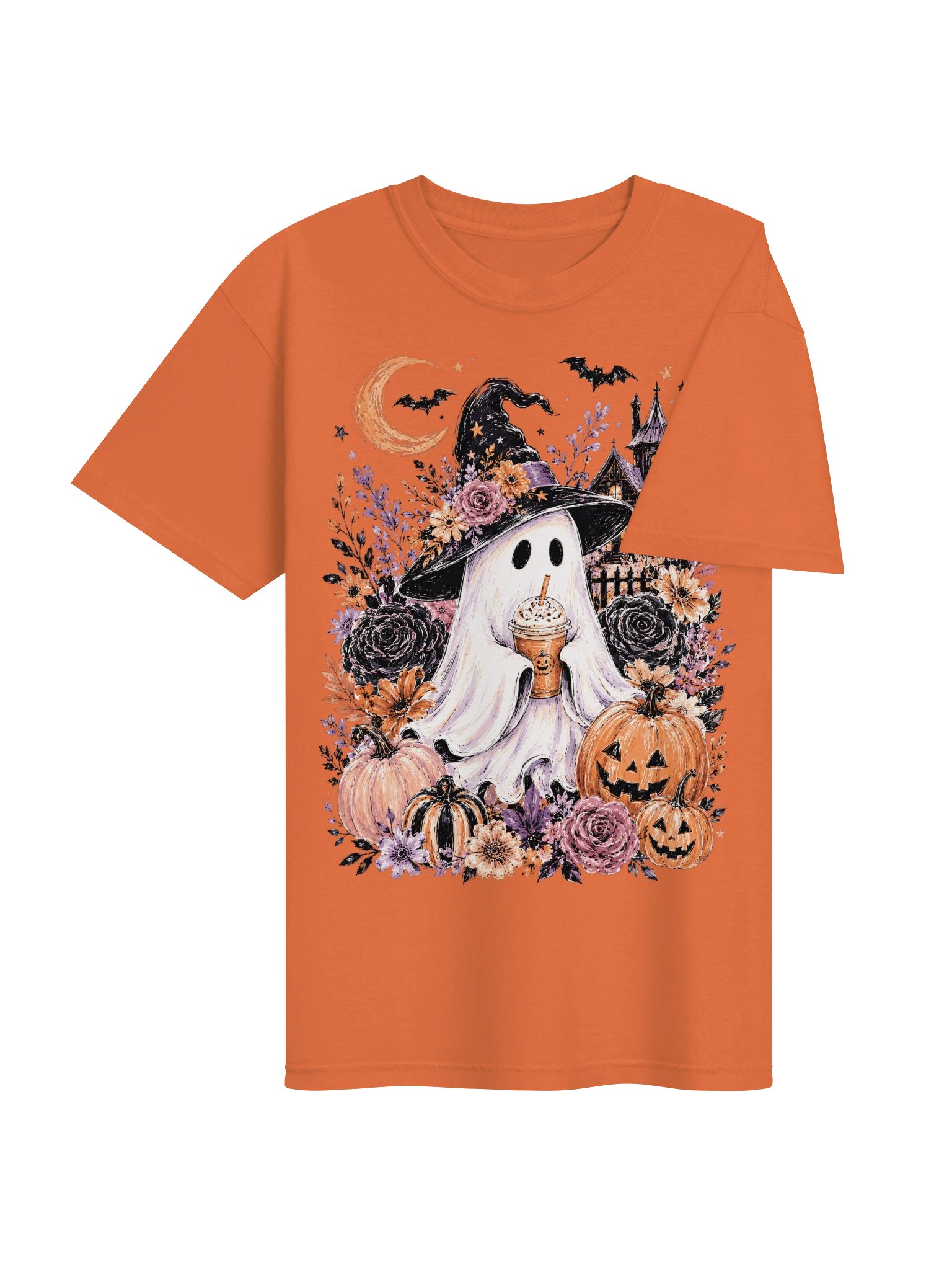 Witch Ghost Drinking Coffee T-Shirt | Spooky Season Floral Pumpkin Tee | Comfort Colors 1717 product image (7)