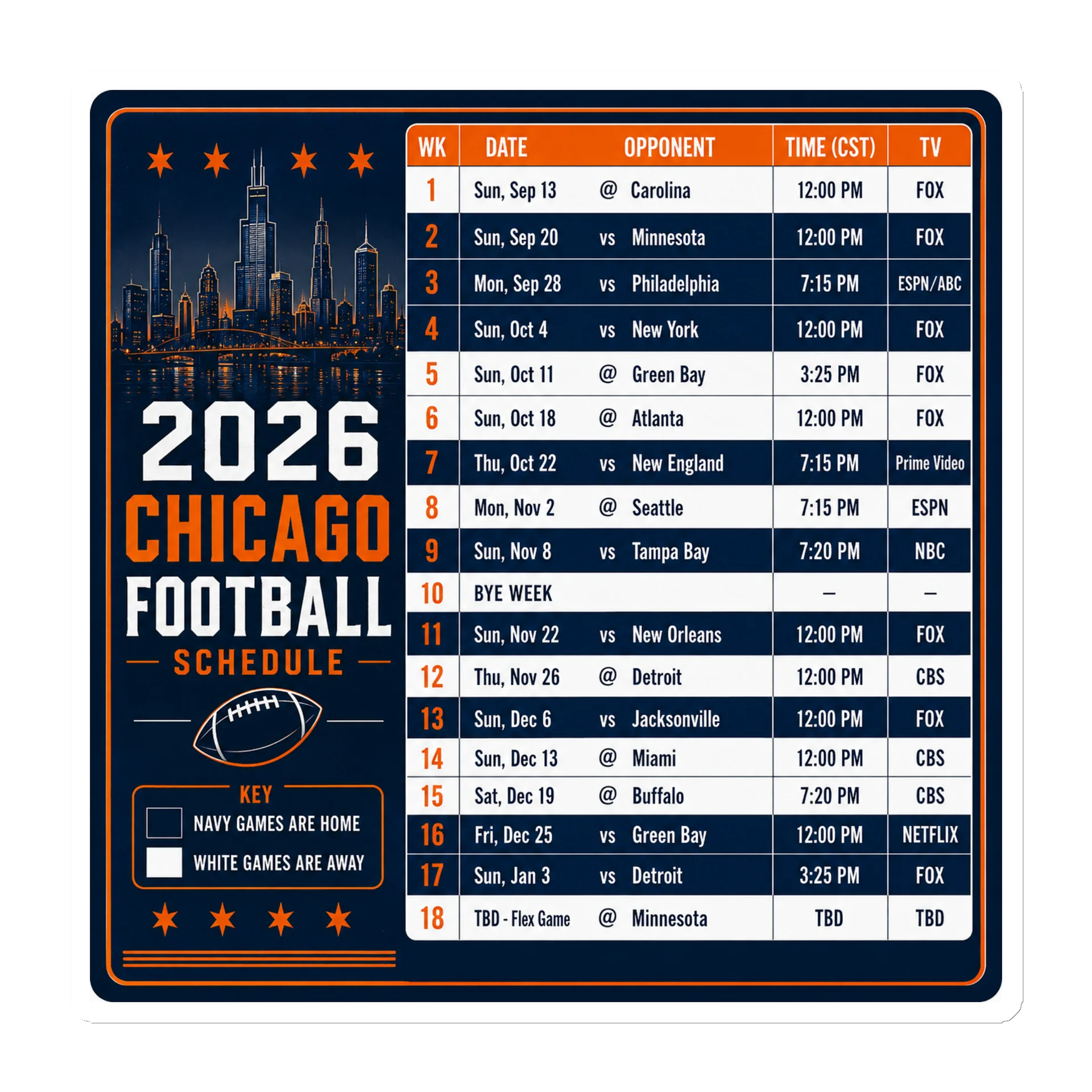 Chicago 2026 Football Schedule Magnet product image (1)