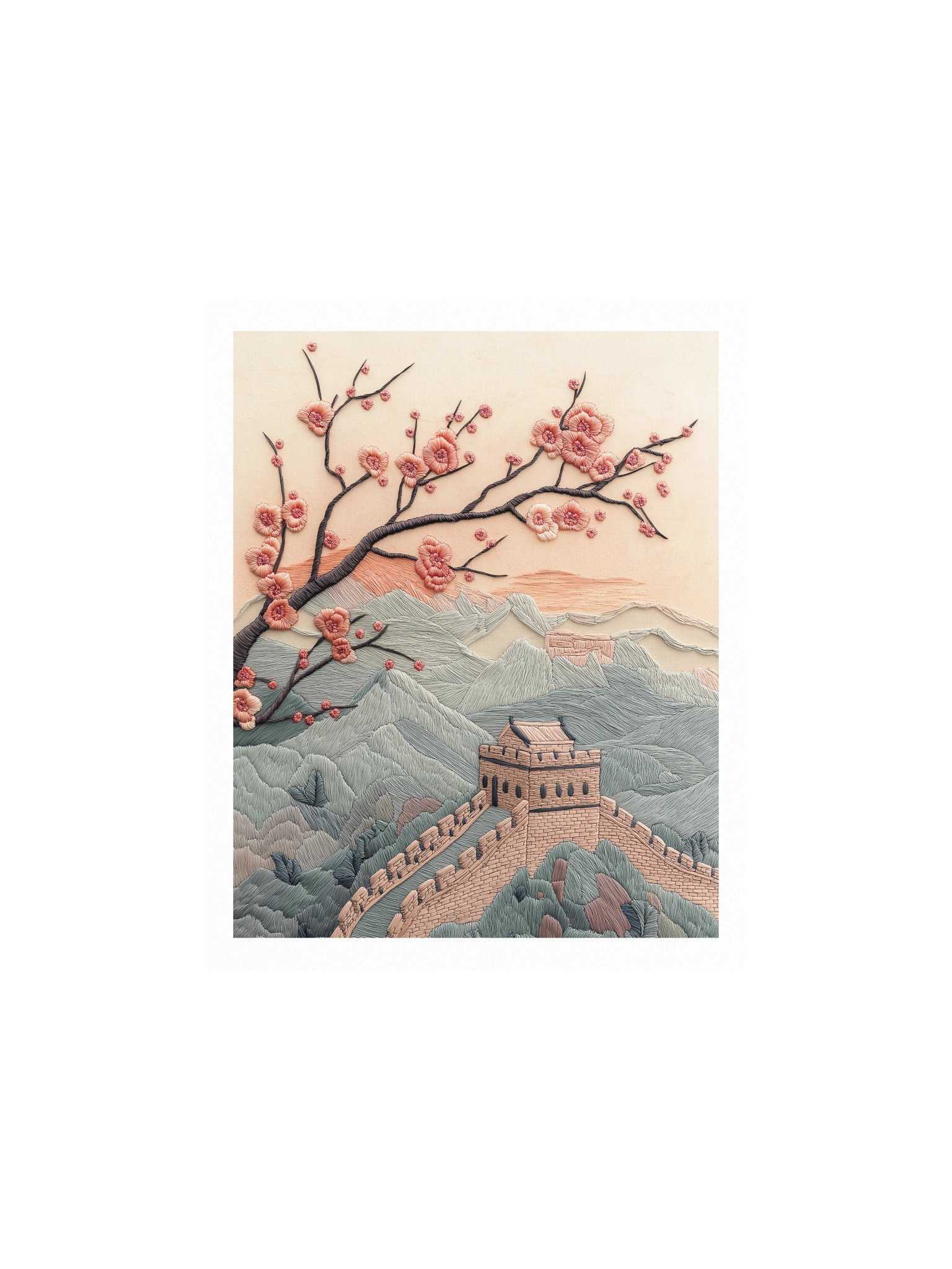 Spring Along the Great Wall | Embroidery-Style Wall Art — Unframed Print product image (1)