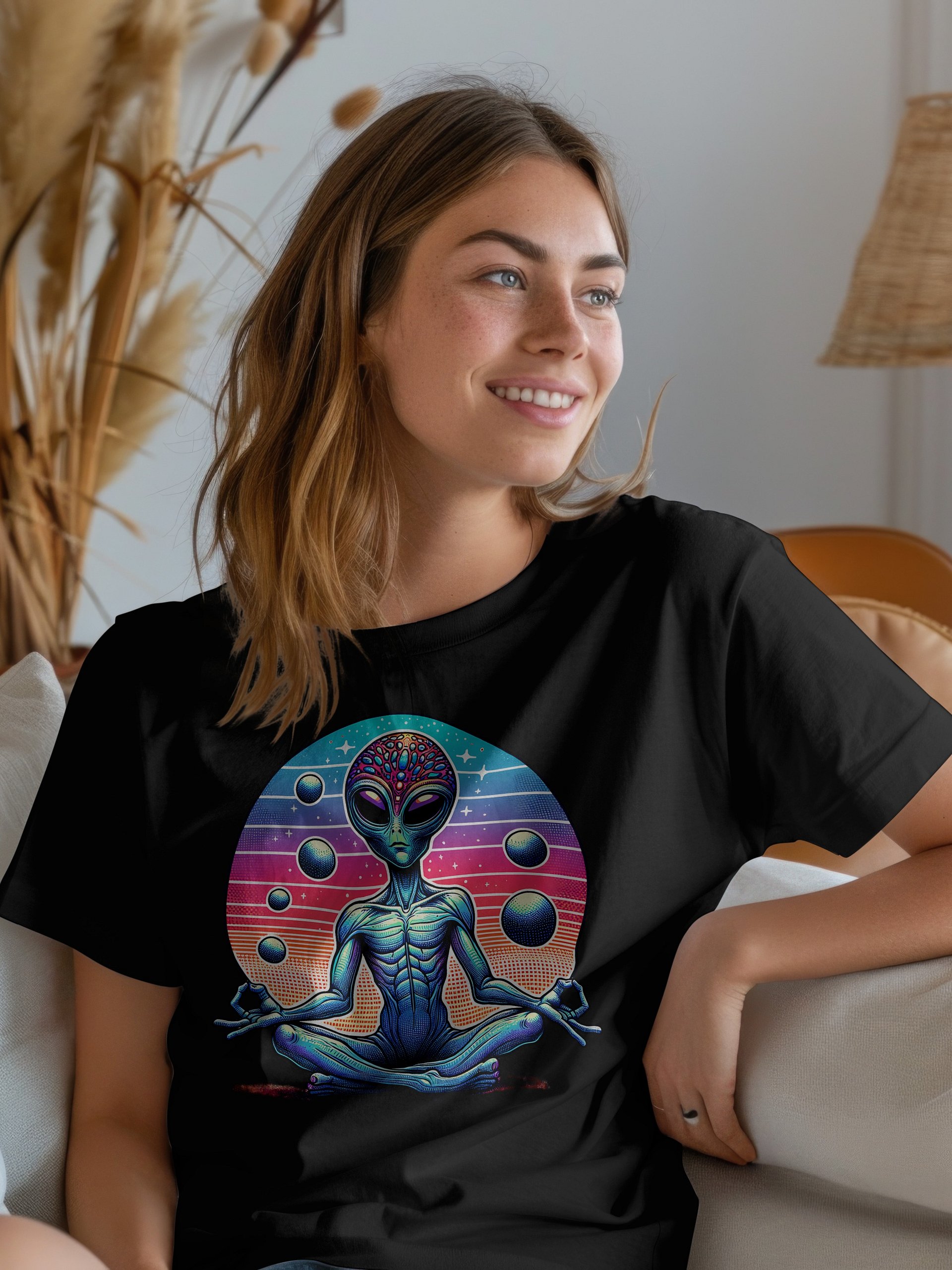 👽✨ Zen Alien Goddess T-Shirt – Meditating Extraterrestrial in Cosmic Colors | Boho Space Vibes Tee product image (3)