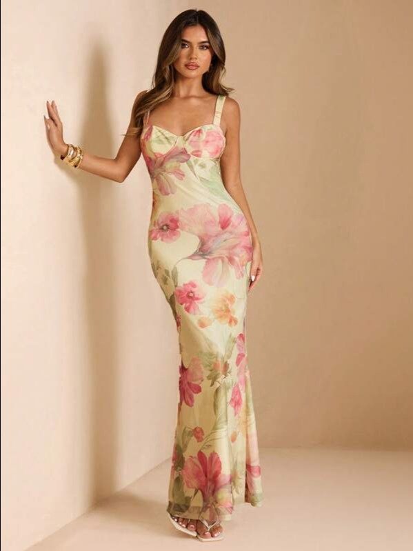 Apricot Floral Backless Ruched Strap Maxi Dress | Women's Elegant Cami Evening Dress for Weddings, Formal Events & Eid | ADLEST product image (1)