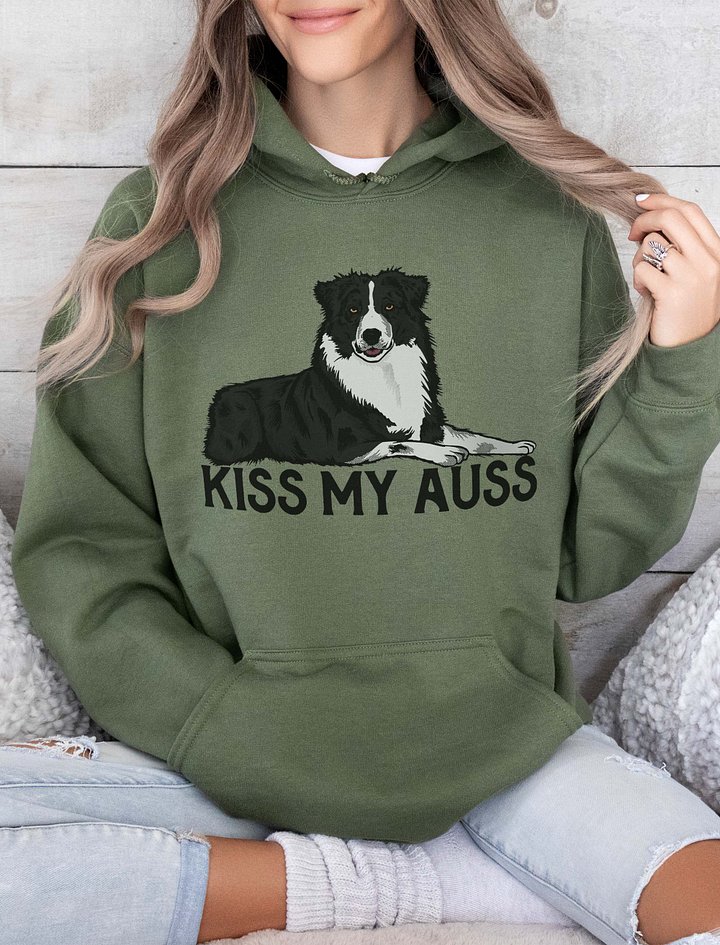 Kiss My Auss | Funny Hooded Sweatshirt for Australian Shepherd (Black and White) Dog Owners product image (2)