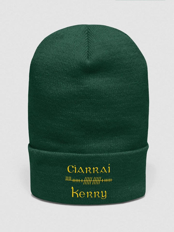 Kerry/Ciarraí Orthodox style Ogham, Green with gold, embroidered Cuffed Beanie product image (1)