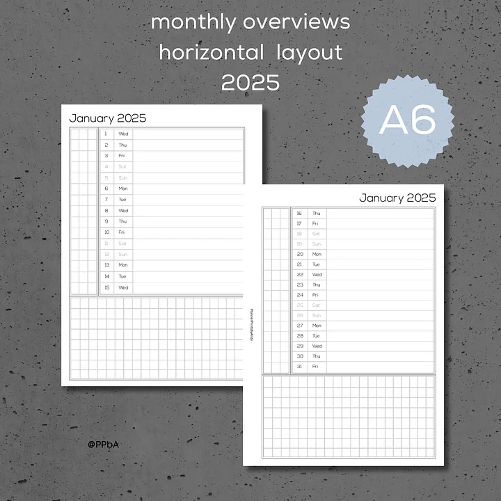 monthly overviews - A6 - 2025 - horizontal layout product image (2)