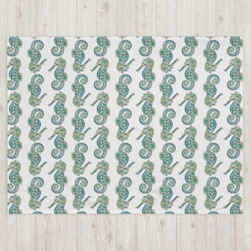 Painted Seahorses on White | Cozy Coastal Throw Blanket | by Monique Faella Designs™ product image (2)