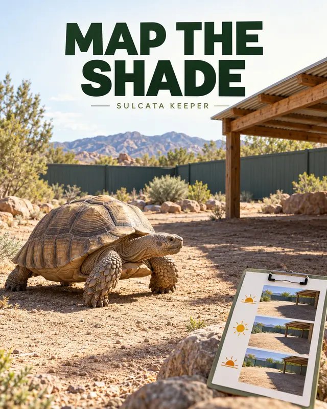 One photo at noon cannot show how shade works all day. Take enclosure photos in the morning, around midday, and late afternoon from the same viewpoint. Mark where the shade falls, whether the tortoise can reach it easily, and whether a gate, barrier, or shelter change alters the path. Repeat the check when seasons change or after moving structures or trimming vegetation. A simple shade map gives you something concrete to review instead of relying on memory. Discuss individual housing and temperature needs with a reptile veterinarian. https://www.sulcatakeeper.com #SulcataKeeper #TortoiseHabitat #CarePlanning