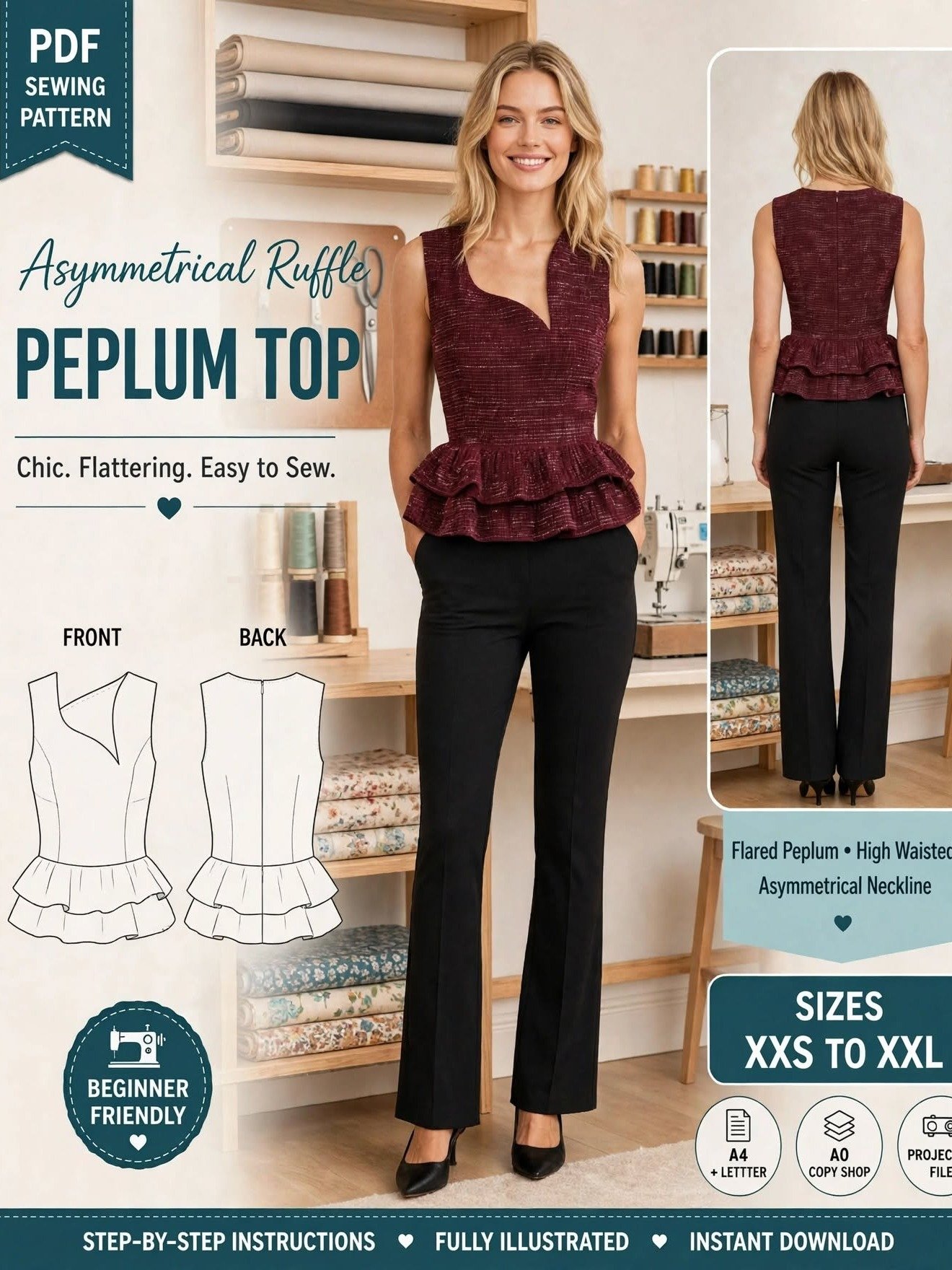 Zenda Top Sewing Pattern | Asymmetrical Peplum Top Pattern | Double Ruffle Top PDF | Sleeveless Asymmetrical Neck Top | XS-XXL product image (1)