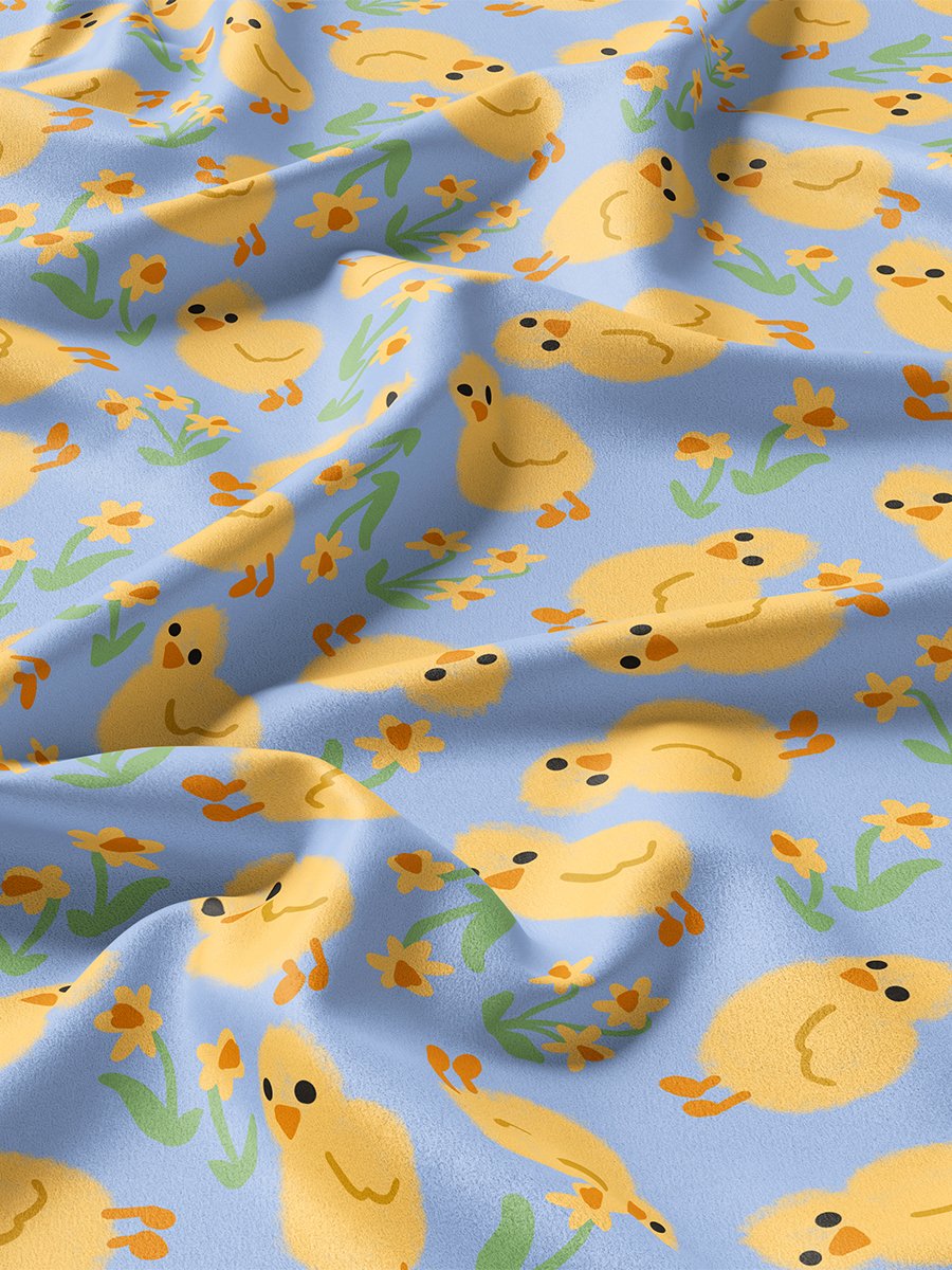 Chicks and Daffodils on Sky Blue Seamless Pattern product image (3)