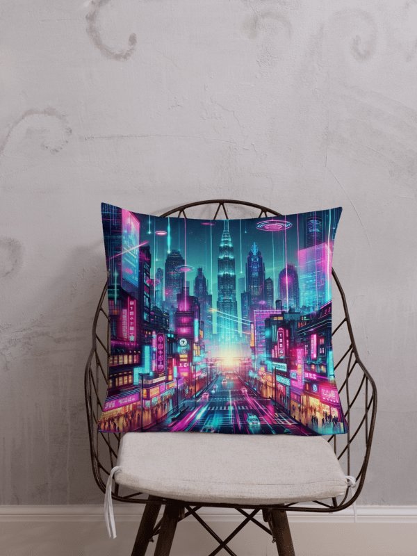 Neon Nights Futuristic City Premium Pillow | AI Design hongkong city product image (1)