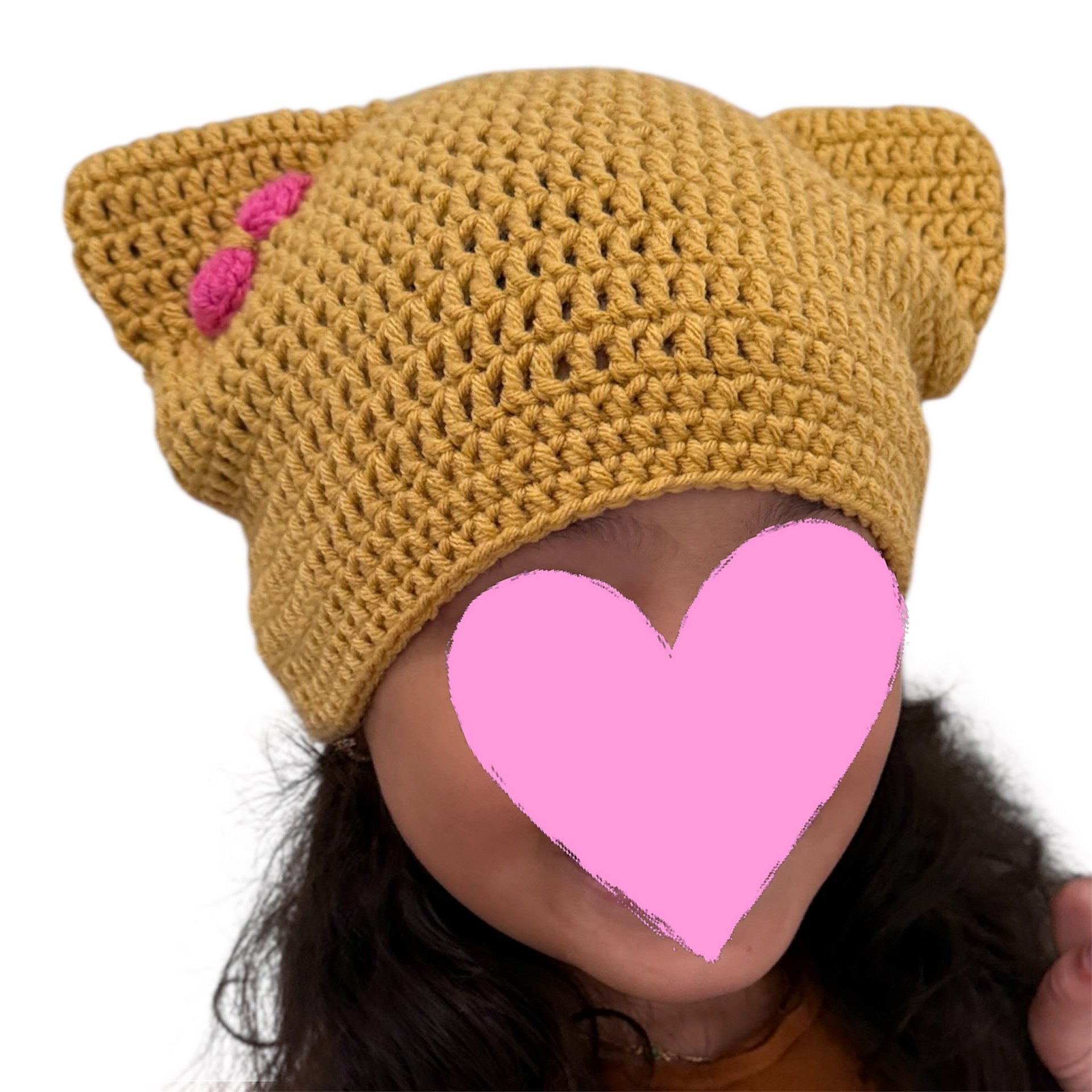 Winter Crochet Custom Cat Ear Beanie Yellow mustard with Pink bow - for kids 6-12 yo. product image (4)