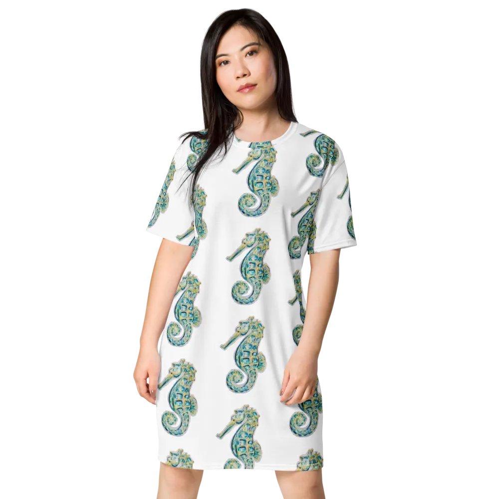 Ocean Majesty | Painted Seahorse | T-Shirt Dress | Coastal Oversized Dress | Ocean-Inspired Casual Style | White Background product image (1)