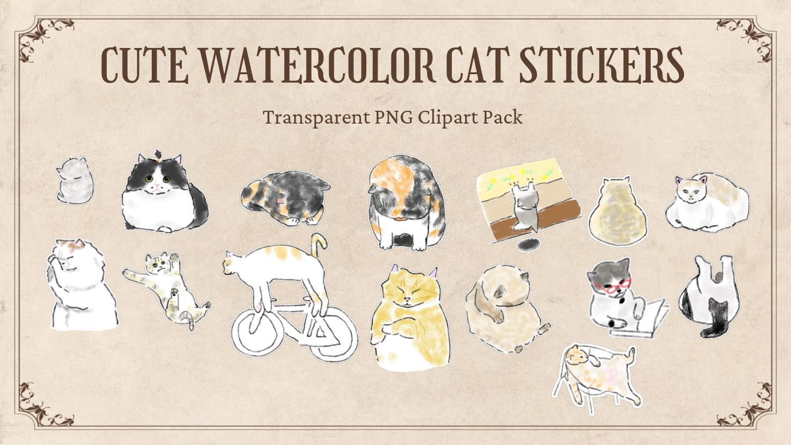 Aesthetic Hand-Drawn Watercolor Cat Sticker & Clipart Pack product image (1)