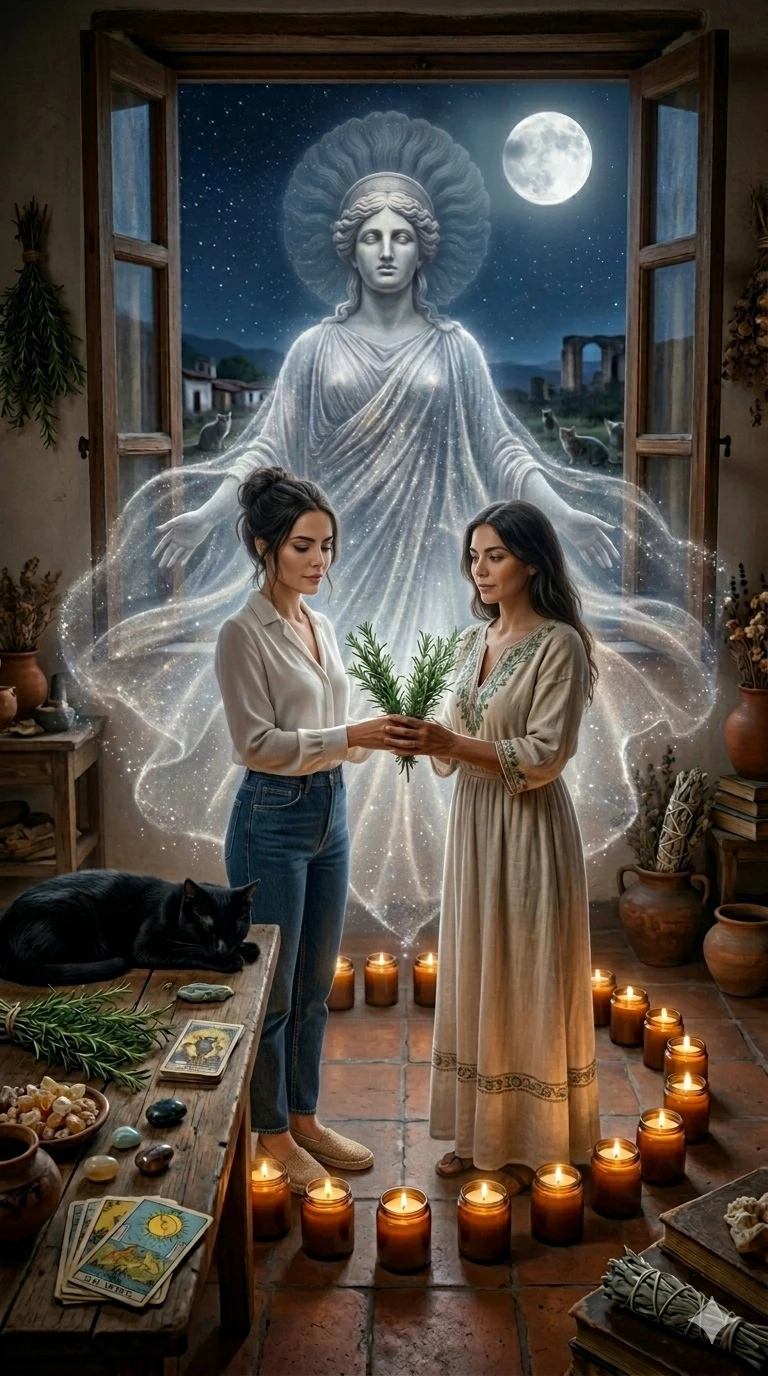 Two women in a curandera's ritual space as Goddess Fortuna’s spirit enters via a moonlit window, encircled by candles, with tarot cards, and a black cat.