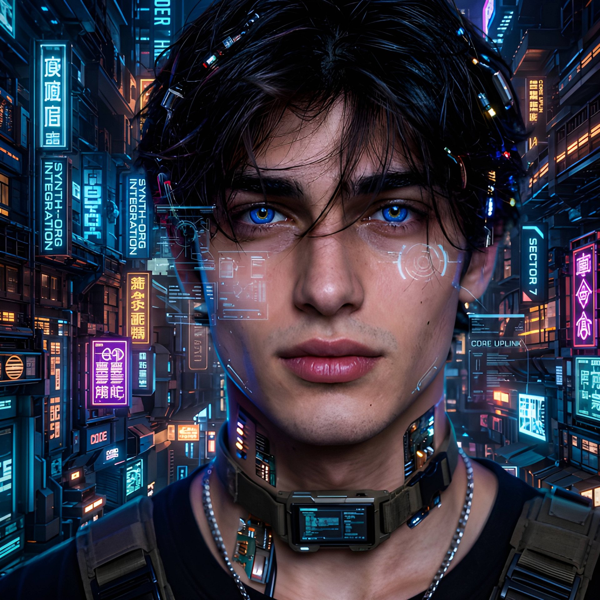 Cyberpunk Neon Man Poster, Futuristic Blue Eyes Sci-Fi Wall Art, Tech Bathroom Decor product image (2)