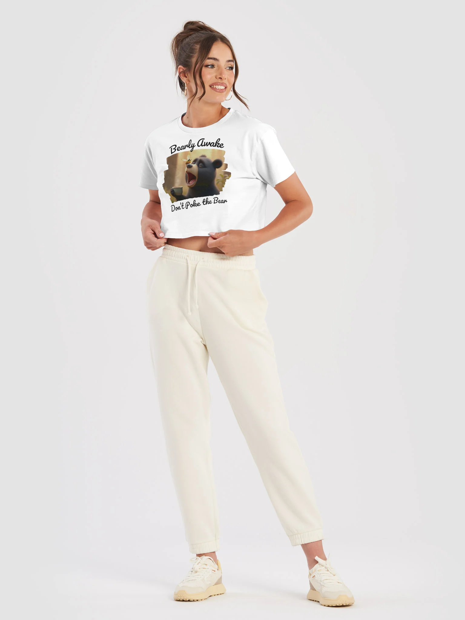 Bearly Awake, Don't Poke the Bear - Yawning Bear with coffee Crop Top 🐻☕ product image (23)