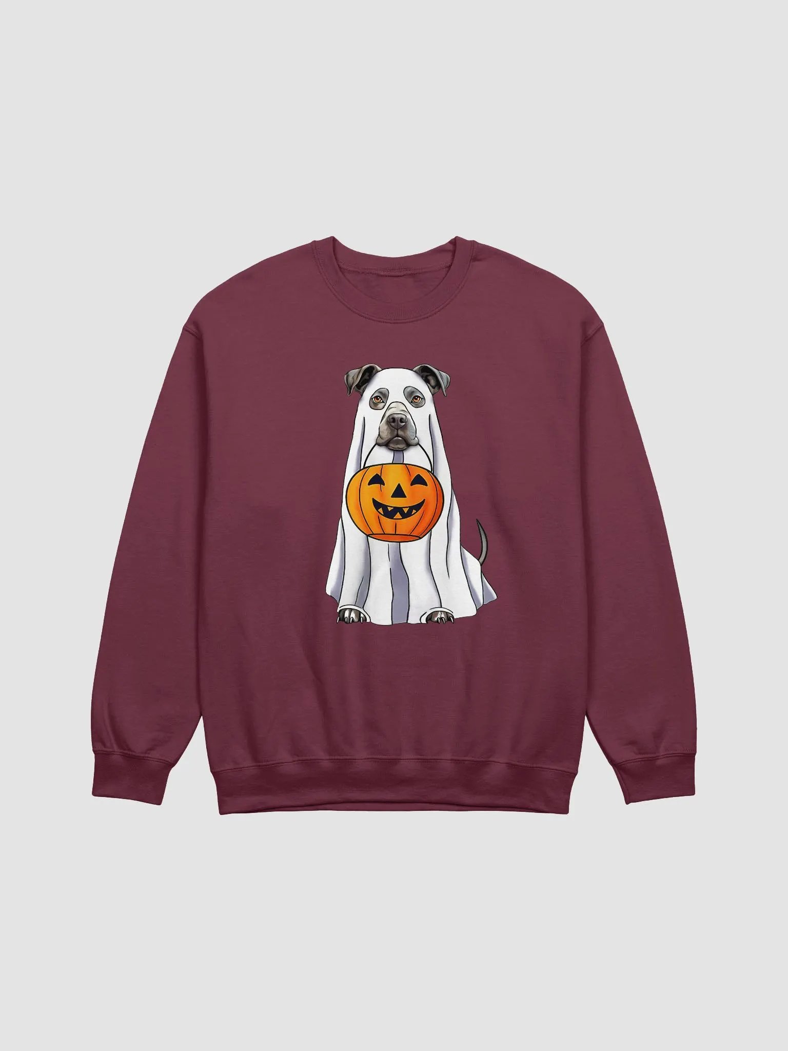 Pitbull(Blue/Gray) Halloween Sweatshirt | Funny Halloween Staffordshire Wearing a Ghost Costume with Pumpkin Basket product image (1)