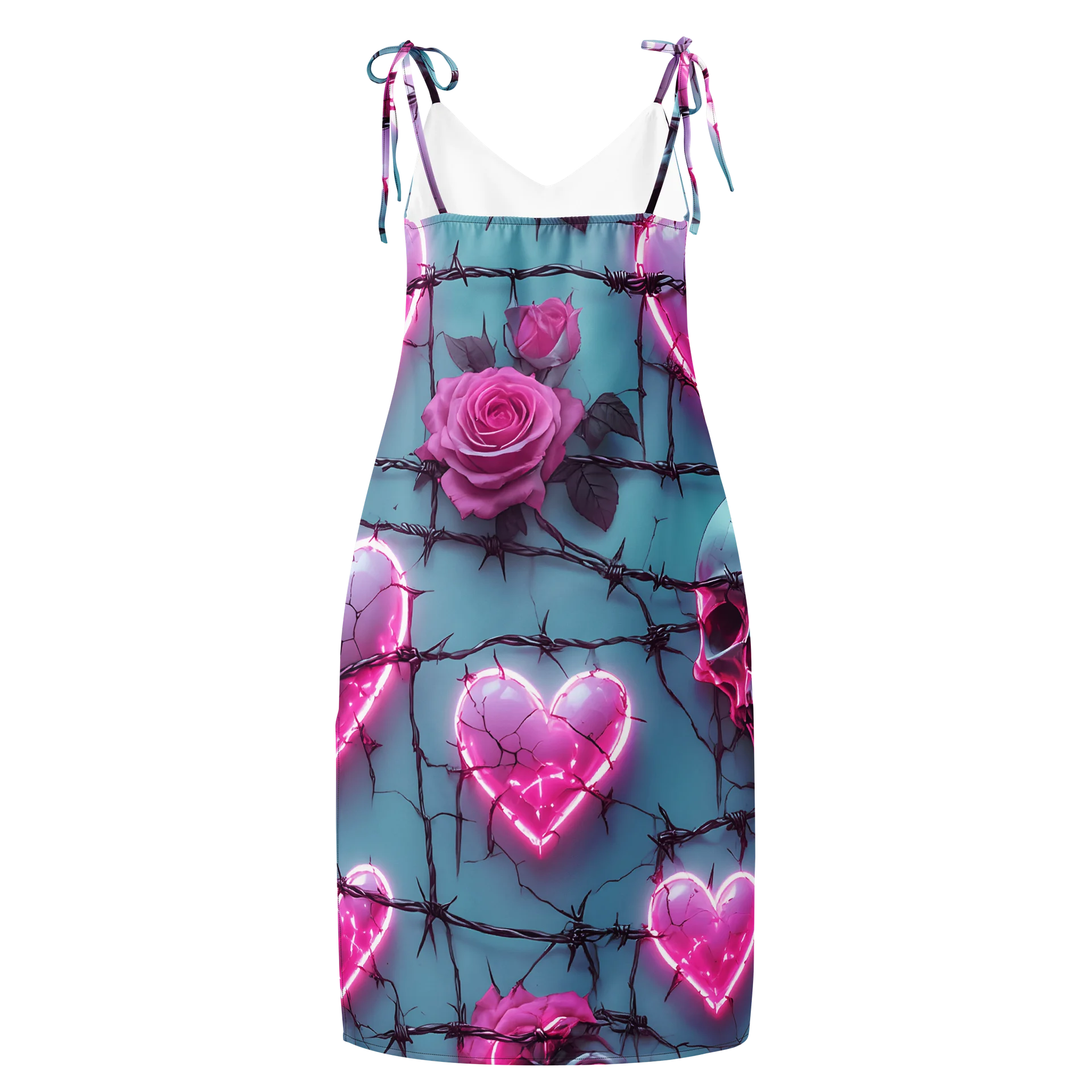 Neon Barbed Rose Heart Midi Slip Dress - Glow Pink Shattered Hearts & Roses Chiffon Halter Dress with Slit product image (2)