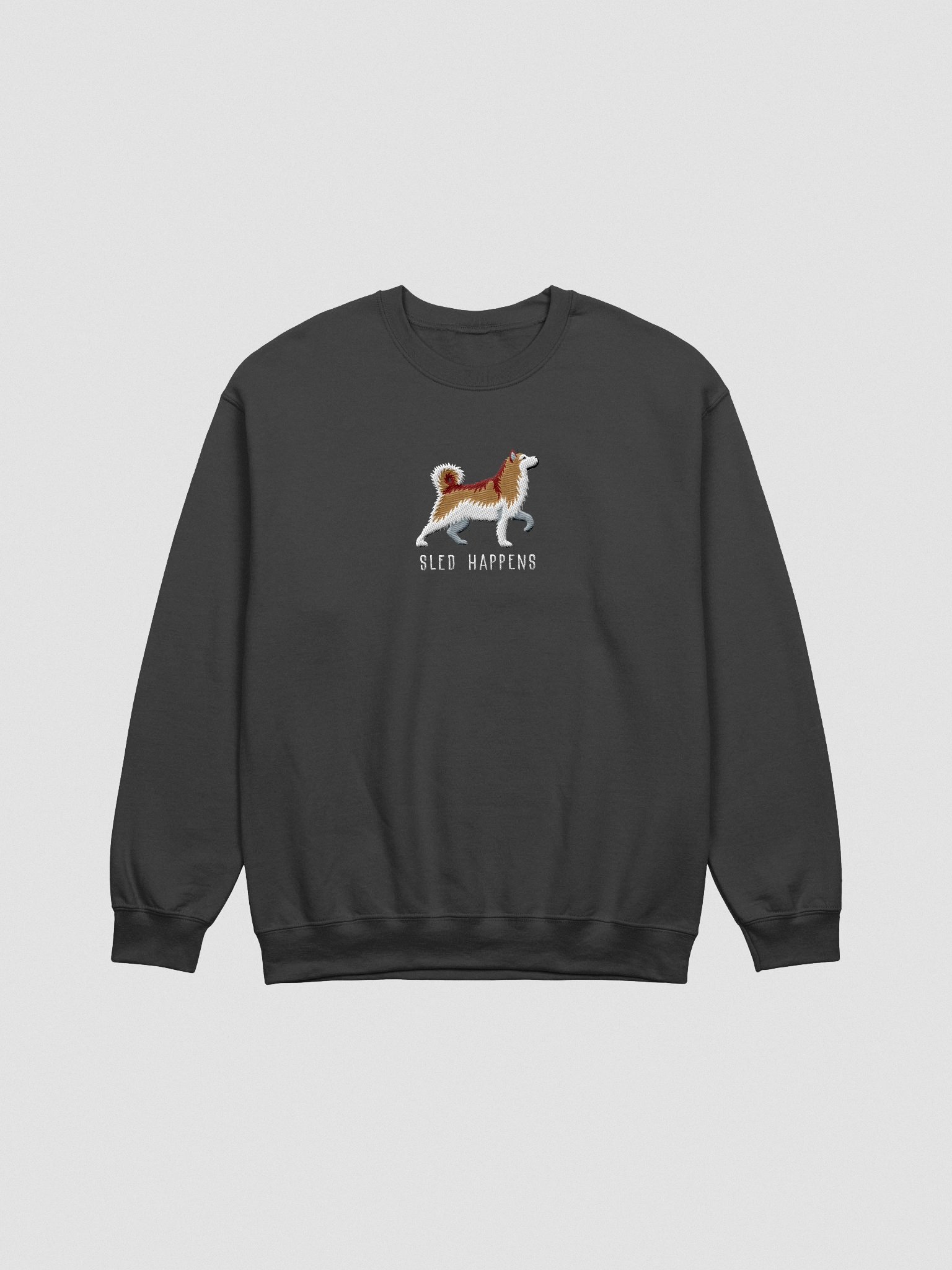 Sled Happens Sweatshirt (Embroidered) of an Alaskan Malamute(Brown & White) product image (4)