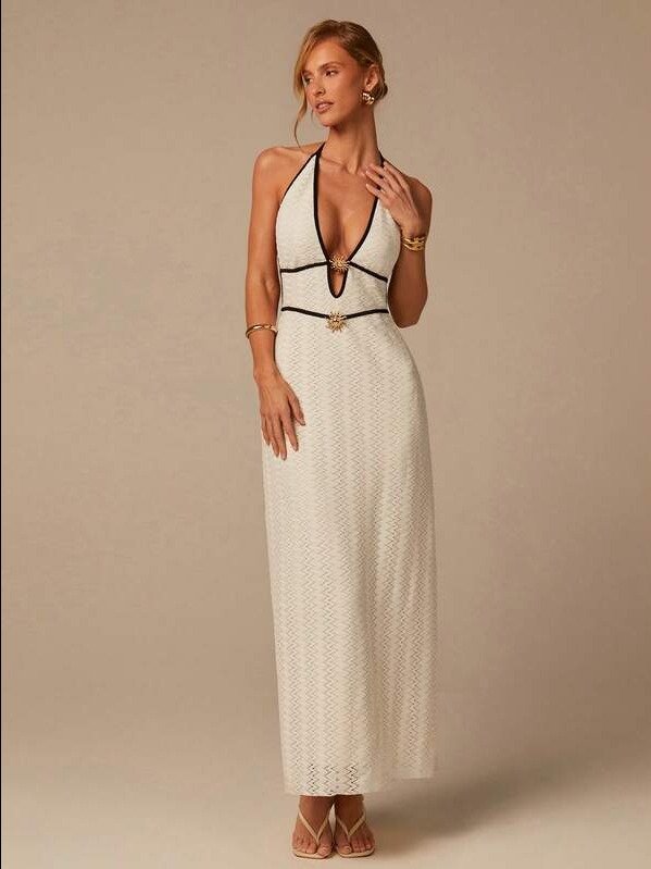 ADLEST Women's Elegant Contrast Trim Sleeveless Deep V Bodycon Dress, Versatile Bohemian Resort Beachwear, Soft Color Blocking, Wedding Season product image (1)