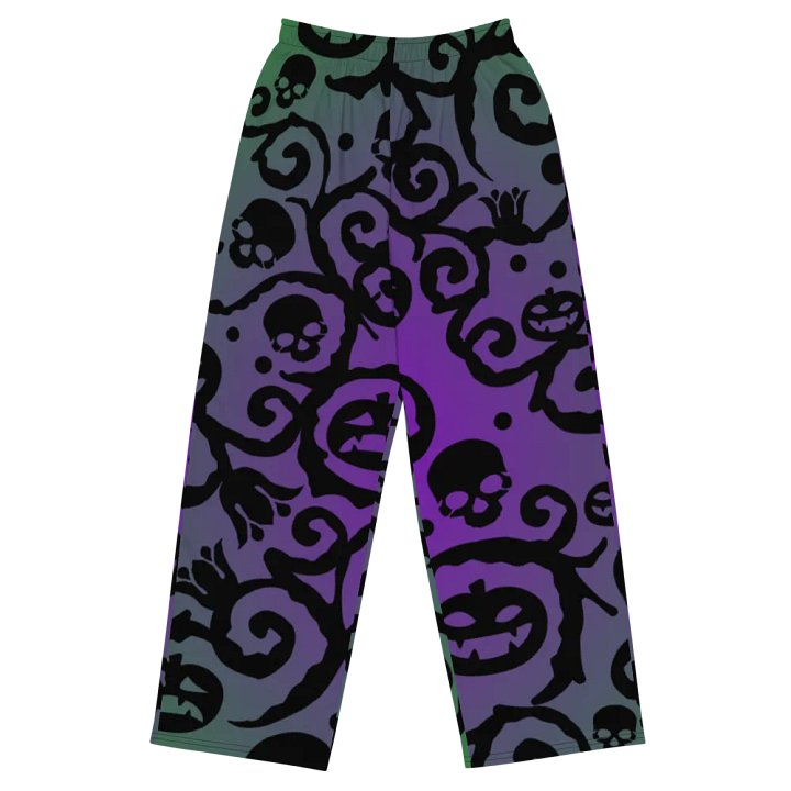 Purple & Green Scary Pumpkins Skull Unisex Wide-Leg Pants product image (2)