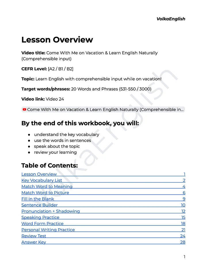 Come With Me on Vacation & Learn English Naturally (Comprehensible input) - Video 24 Study Pack product image (2)