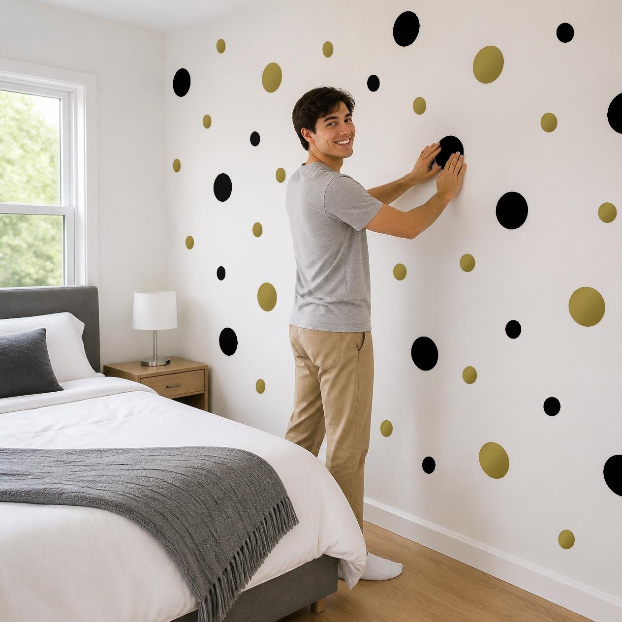 Black and Metallic Gold Polka Dot Wall Decals, 2" and 4" Vinyl Circle Stickers, Removable Dot Decals for Nursery, Kids Room, Playroom product image (4)