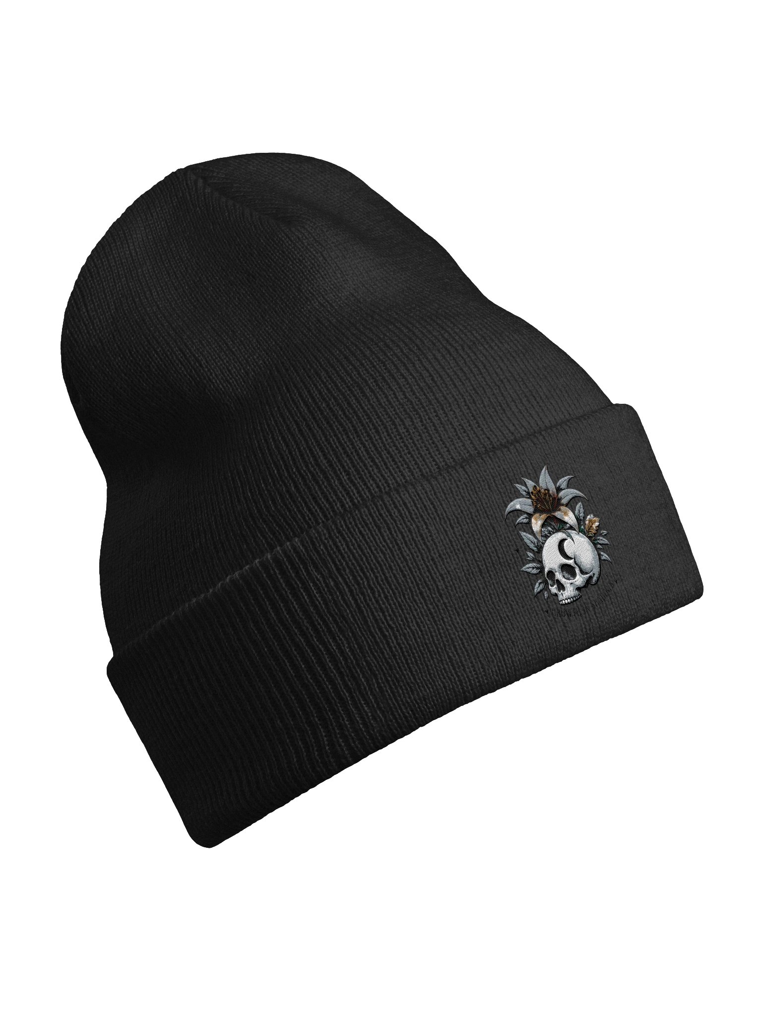 Growth in Shadows Embroidered Beanie | Skull & Floral Tattoo-Inspired Hat product image (66)