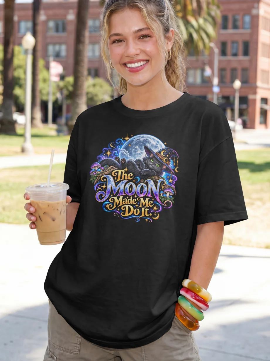 The Moon Made Me Do It - Gildan Heavyweight T-Shirt - Black Cat & Moon Design product image (2)