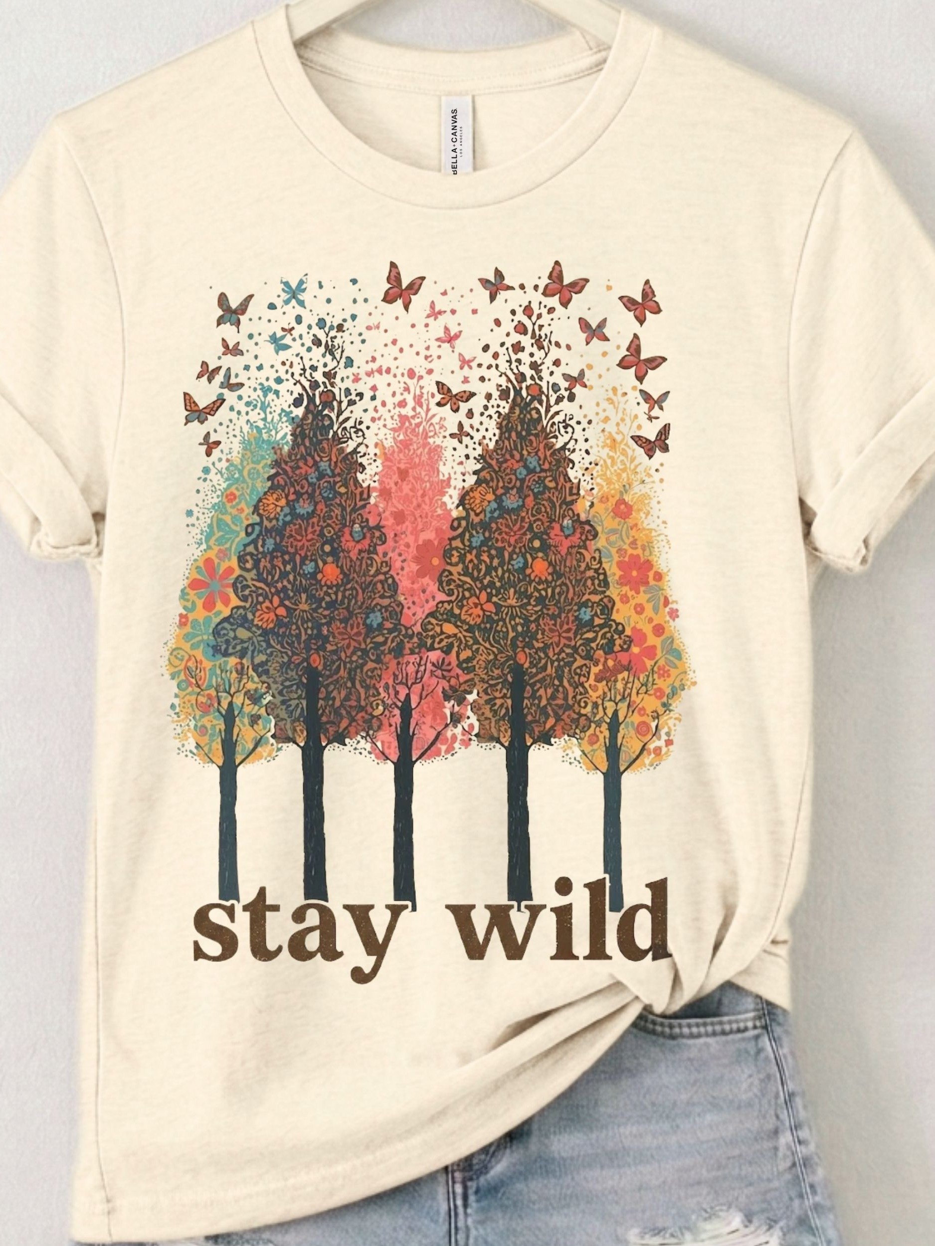 Stay Wild Boho Nature Lover Tee, Floral Butterfly Graphic Shirt product image (1)