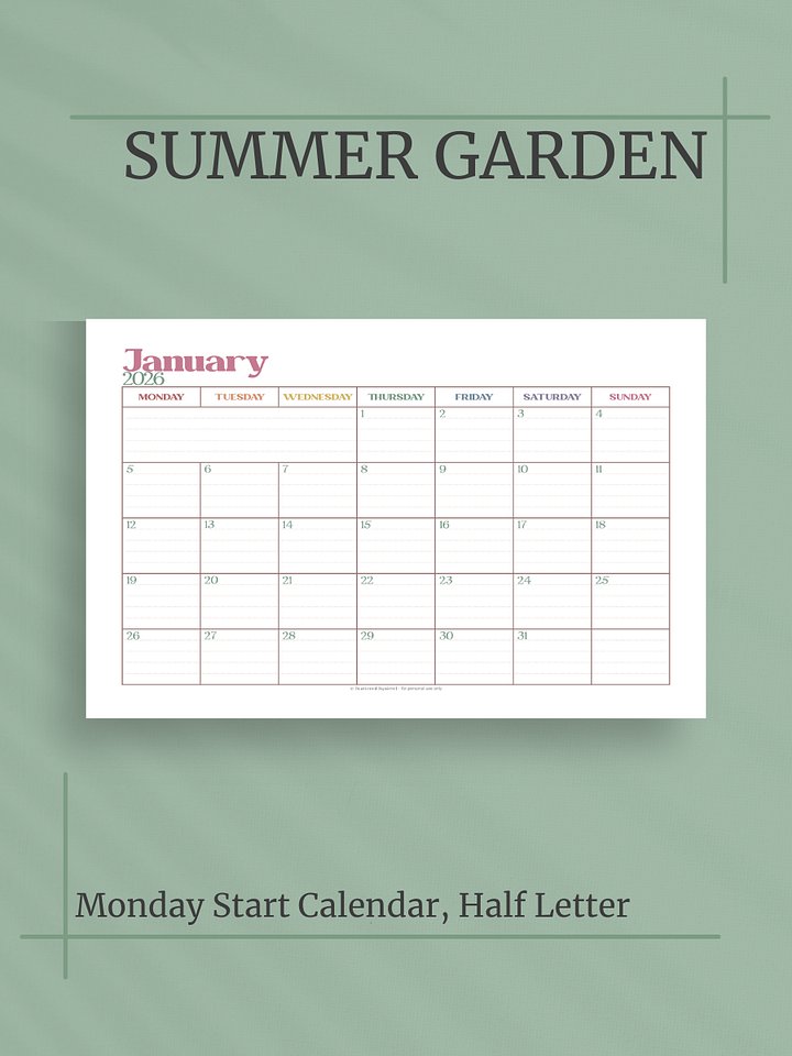 Summer Garden 2026 Calendar - Single Page per Month, Monday Start, Half Letter Size product image (1)
