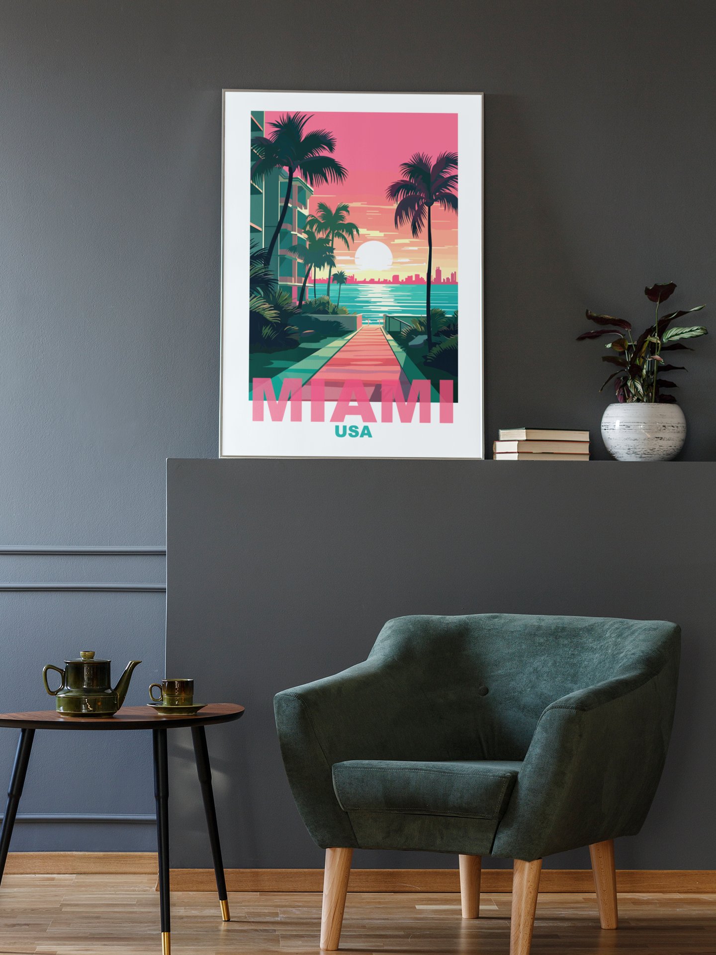 Tropical Sunset in Miami Art Print, Vibrant Beachside Palm Trees Poster, Retro Styled Miami USA Skyline, Coastal Wall Decor, Gift Idea product image (2)