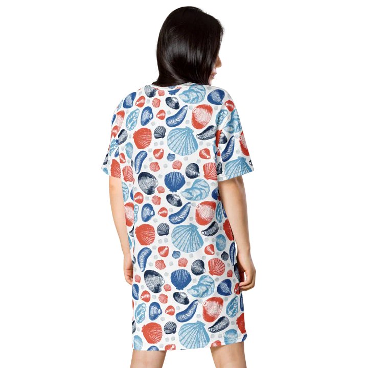 New England Tidal Treasures | T-Shirt Dress | Seashell Print, Oversized & Comfy | Red & Blue on White product image (2)