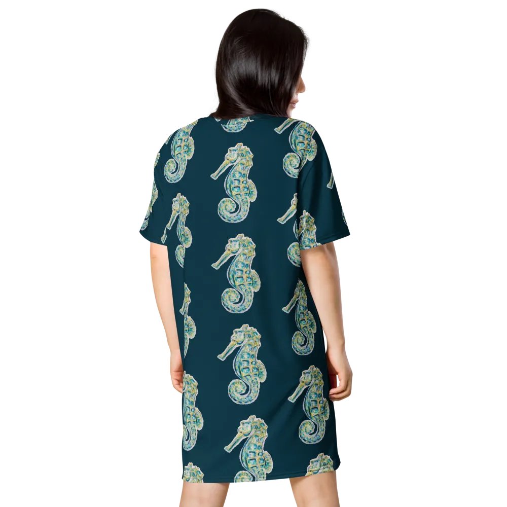 Ocean Majesty | Painted Seahorse | T-Shirt Dress | Coastal Oversized Dress | Ocean-Inspired Casual Style | Blue Whale Background product image (7)