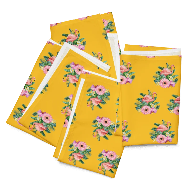 TROPICAL FLAMINGO & FLORAL CLOTH NAPKINS (SET OF 4) – 20"X20", SOFT BROADCLOTH, GOLDEN YELLOW BACKGROUND, VIBRANT BOTANICAL PRINT product image (3)