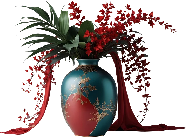 Chinese Porcelain Vase – Red and Teal Elegance with Festive Blossoms PNG product image (1)