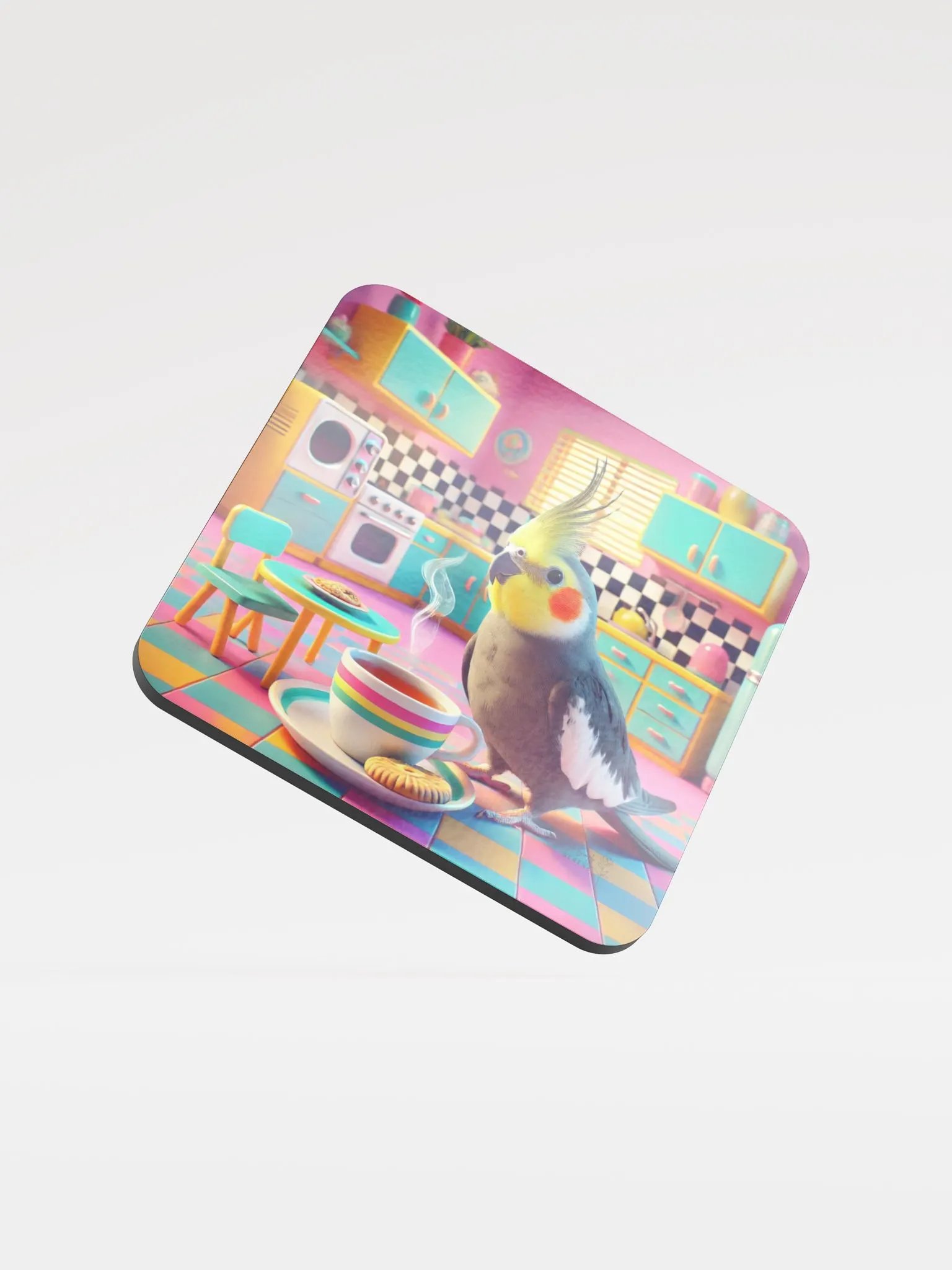 Perch & Sip – Glossed Cork Coaster with Parakeet Art 10 product image (1)