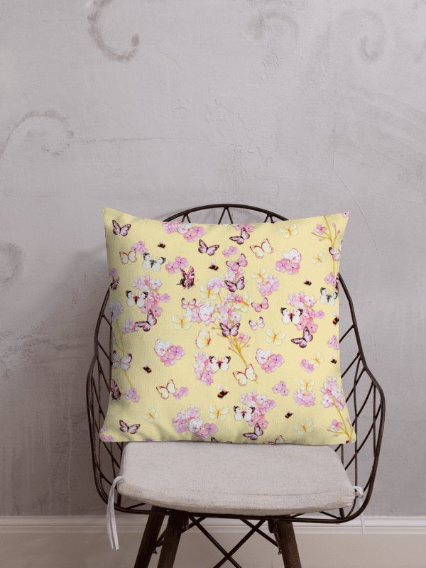 PINK BUTTERFLY GARDEN ON YELLOW SUMMER PILLOW product image (2)