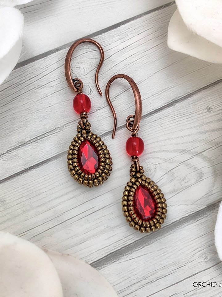 Red and Copper Crystal and Seed Bead Teardrop Earrings product image (1)