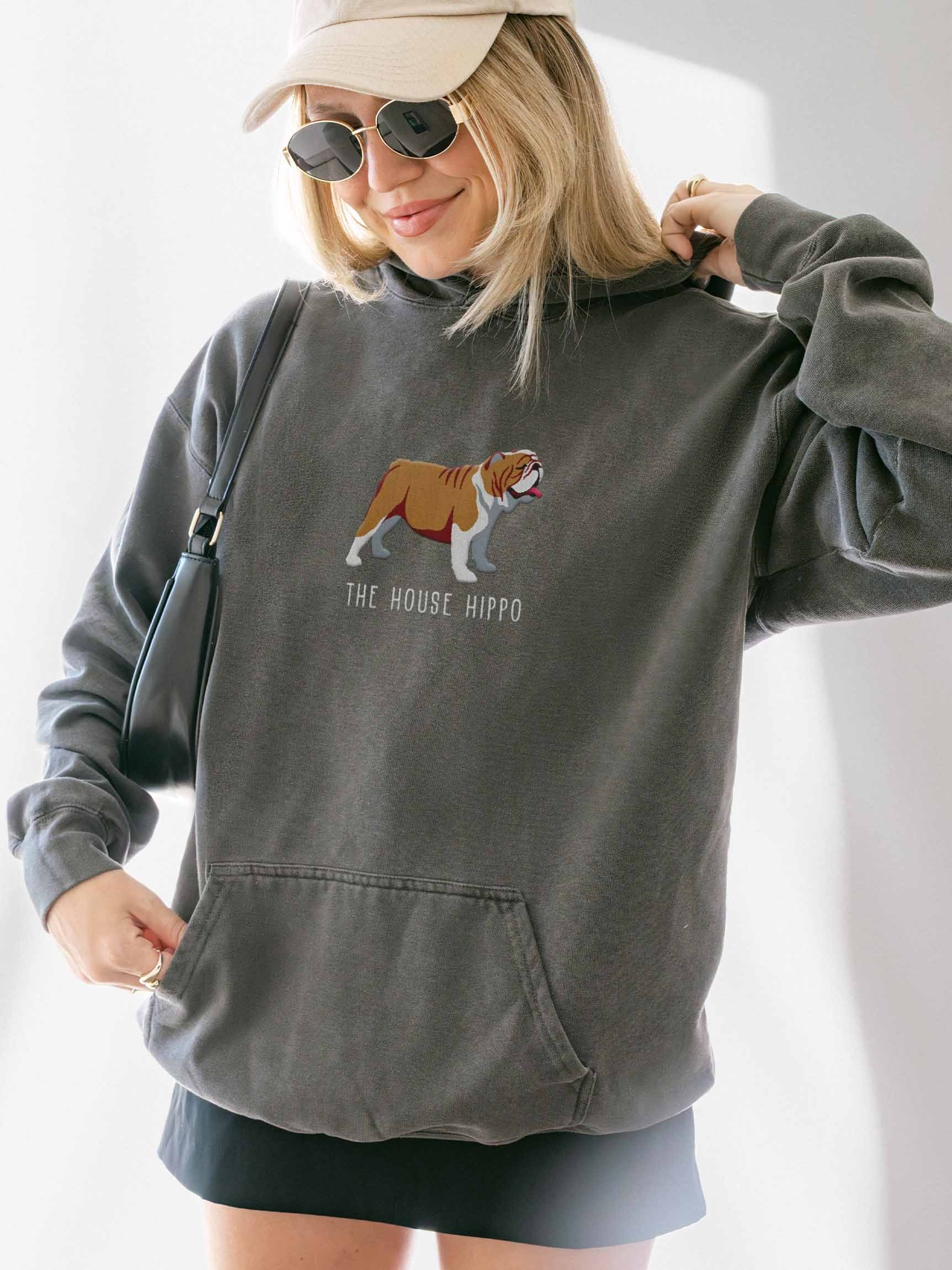 The House Hippo Premium Hoodie (Embroidered) of an English Bulldog(Brown & White) product image (2)