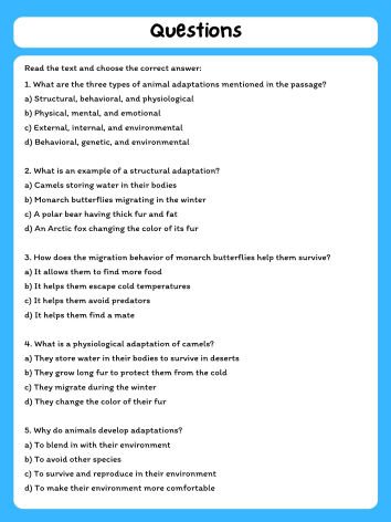 Animal Traits Reading Comprehension Passage & Questions product image (2)